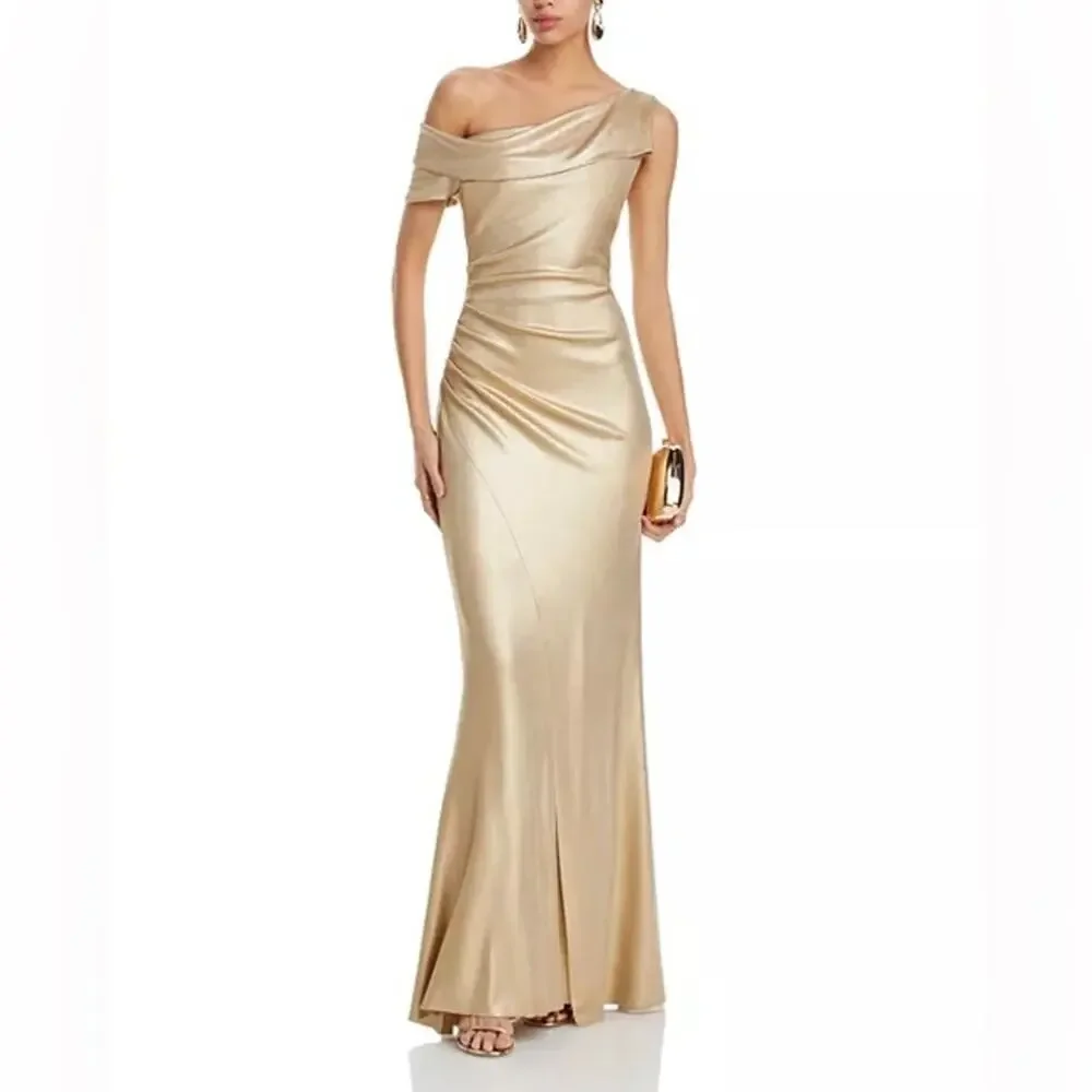 Chiara Boni Gold One-Shoulder Satin Evening Gown - Picture 9 of 12